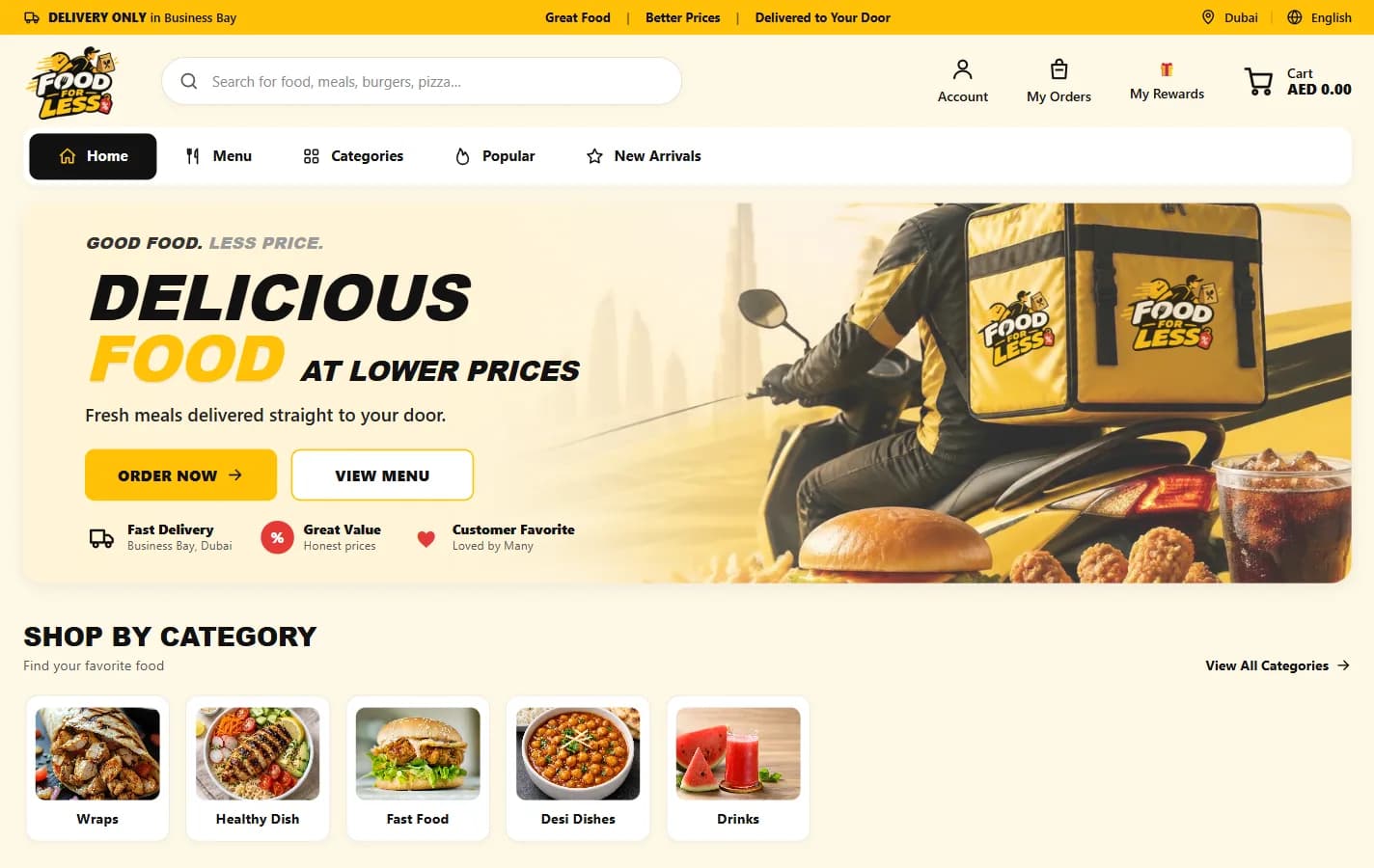 The Food For Less storefront: a search bar, a hero banner and a row of food categories.