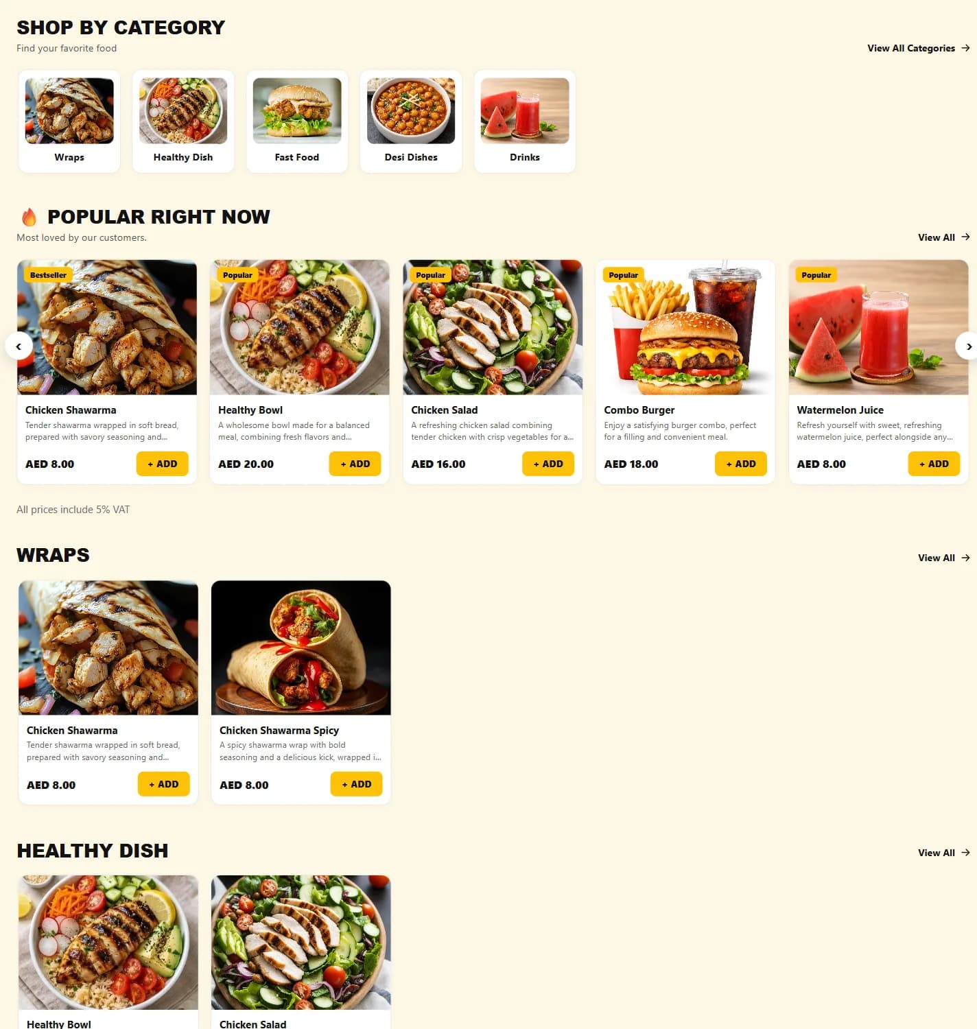 Category and popular-item sections of the Food For Less storefront.